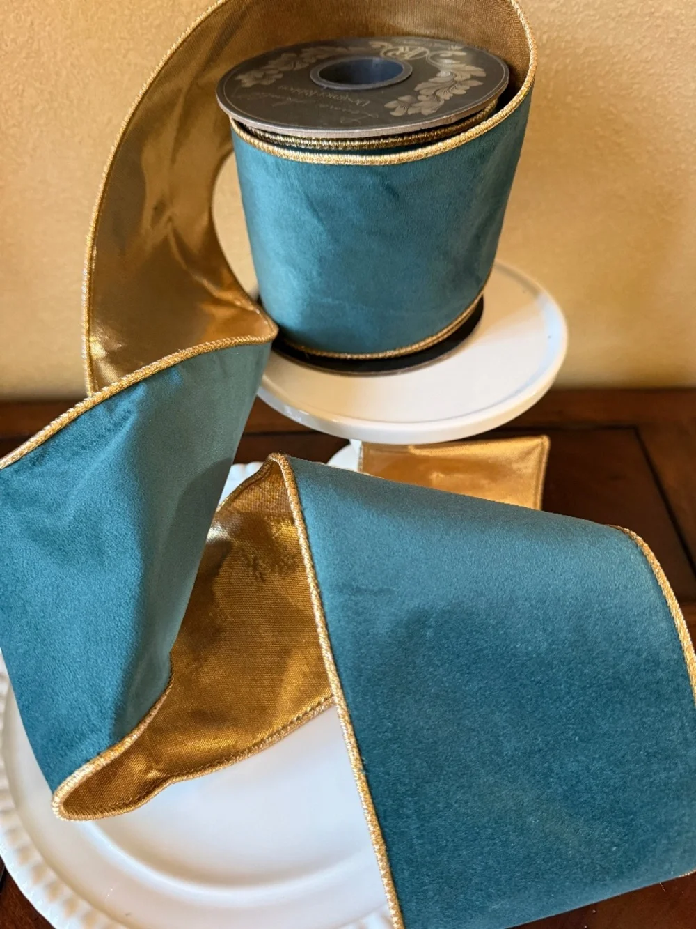 Velvet  Metallic Dupioni backed teal wired edge ribbon/Reliant Ribbon